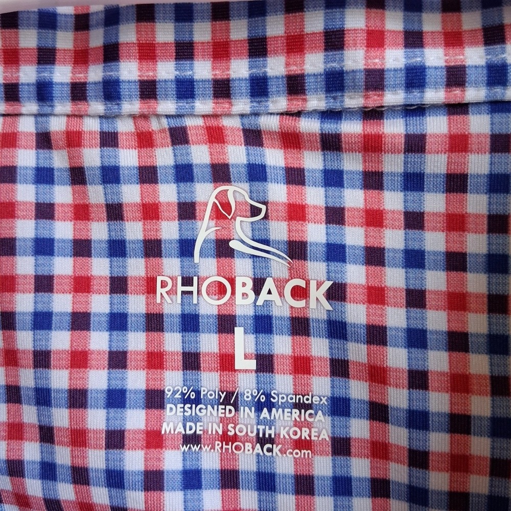 Rhoback Polo Shirt Mens L Red White Blue Gingham Performance USA Flag Patriotic - Picture 3 of 13